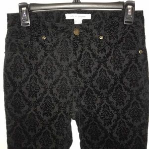 Black velvety print detail stretch denim pant